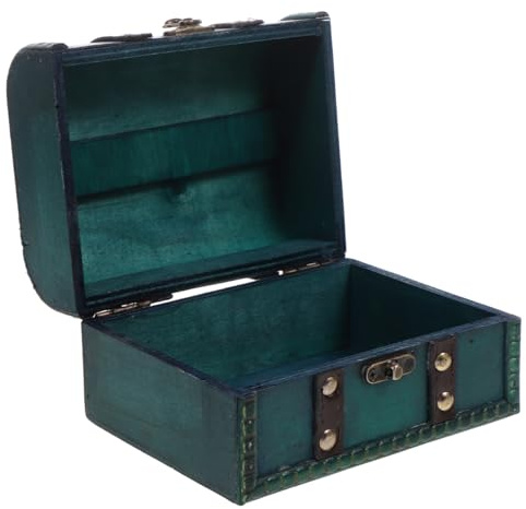 Garneck Vintage Treasure Chest Box: Wooden Jewelry Organizer with Lock and Leather Straps Green Pirate Keepsakes Box Gifts for Kids Handmade Storage Trinket Case for Jewelry Pearl Trinkets