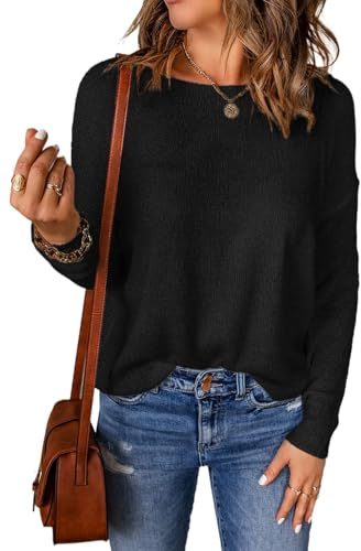 Acelitt Women Casual Summer Long Sleeve Crewneck Lightweight Loose Fashion 2025 Crochet Knit Pullover Sweaters Tops Black XL