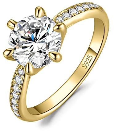 JewelryPalace Classic 3ct Cubic Zirconia Solitaire Engagement Rings for Women, 925 Sterling Silver 14K Yellow Gold Plated Promise Ring for Her, Round Cut Simulated Diamond Anniversary Wedding RingsN