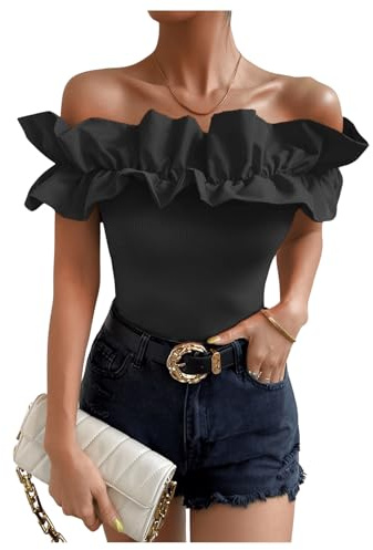 OYOANGLE Women's Ruffle Trim Off Shoulder Short Sleeve Blouse Party Tops Shirt Black Solid L