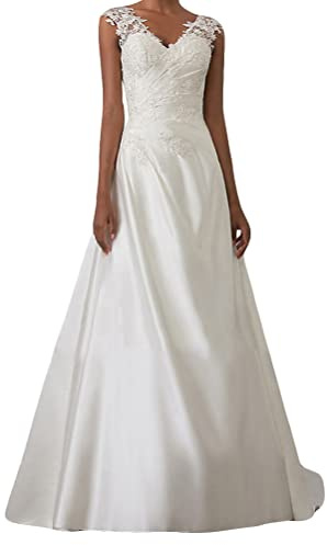 Onsoyours Robe de mariée Femme Élégant Dentelle Col V Dos Nu sans Manches Robes Longue de Nuptiale Soirée Princesse Demoiselle d'honneur Robe Blanc 16 XL