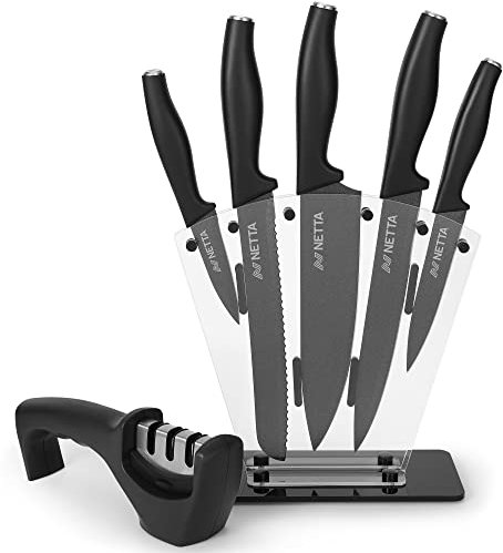 NETTA Kitchen Knife Set with Block – 6 Piece Stainless Steel - Premium Kitchen Set with Clear Storage Block, 5 Knives, Knife Sharpener - Black