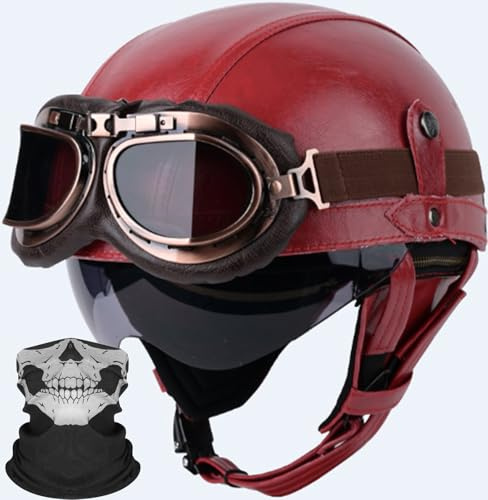 Deutschen Stil Leder Halbschalenhelm Retro Motorrad Halbhelm mit Brille ECE Genehmigt Erwachsene Halbschale Jet-Helm Scooter-Helm für Cruiser Scooter Red,S