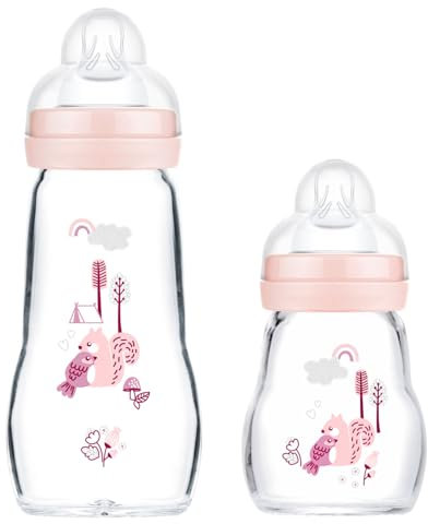 MAM Baby Glas Flaschen 2er Pack Feel Good ab Geburt 170 ml & 260ml, Glass Feeding Baby Bottle, rose