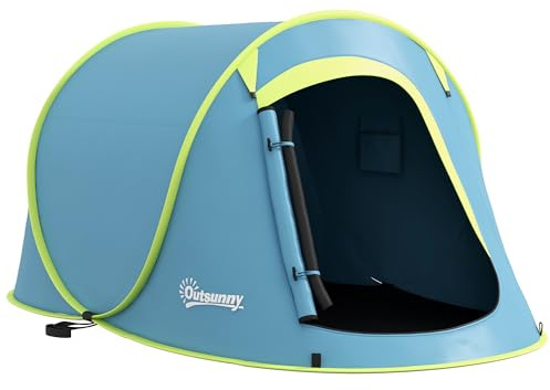Outsunny Tenda da Campeggio Impermeabile 2-3 Posti, Tenda Pop Up con Borsa da Trasporto e Accessori, 245x148x105 cm, Blu