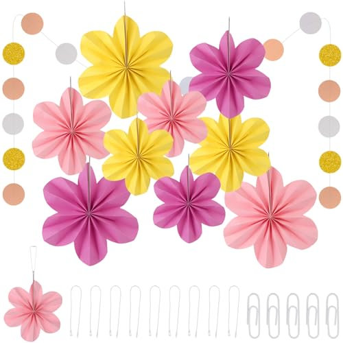 9 Stück Papierblumen zum Aufhängen, Papier Fächer Papierblumen Dekoration mit 9 Verbinder, 2 m Girlande, Blumen Papier Party Deko Girlande für Hochzeit Kirschblüten Backdrop Tischdeko Abschlussfeier