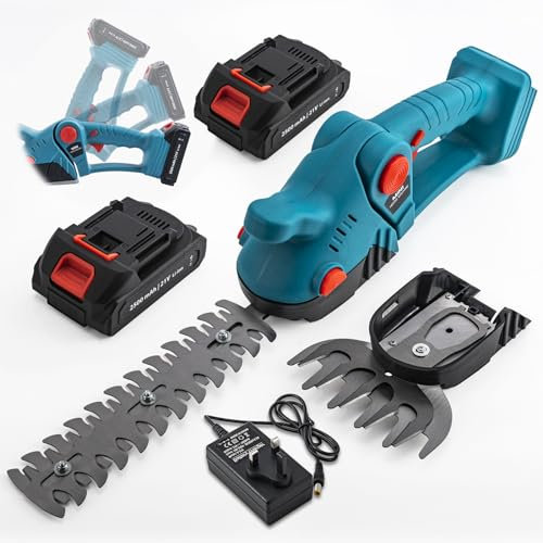 CHANGEMOORE 21V Cordless Hedge Trimmer & Grass Shears with 2X 2.5Ah Batteries, Charger and 2 Blades - 1300rpm Cordless Grass Trimmer with Adjustable Head, Battery Powered Hedge Trimmer Garden Shears