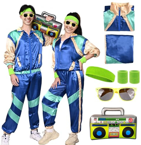 HarnyLoom Disfraces Años 80 Hombre Mujer, Disfraz Chándal con Chaqueta Pantalón Gafas Piloto traje retro con Diadema Muñequeras y Radio Hinchable Para Carnaval y Fiesta Temática (Azul, L)