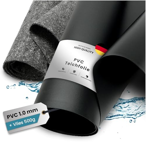 TeichVision - PVC Teichfolie - Stärke 1 mm - 6 m x 11 m und Teichvlies 500g / PVC Folie schwarz mit separatem passendem Vlies in grau