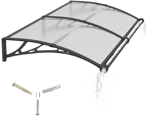 Door Canopy Outdoor Awning with Drainage,200x100 cm Polycarbonate Rain Shelter with ABS Brackets,Polycarbonate Sheet,UV,Snow Protection for Porch,Front Door, Patio, Window, Deck
