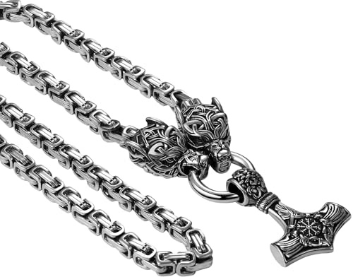 JewelryWe Collar Martillo Thor Hombre: Gargantilla Vikingo Vintage con Cabeza de Lobo para Caballero Pirata Nórdico Amuletos Acero Inoxidable Hipoalergénico Plata - Para Uso Diario Ocio Regalos