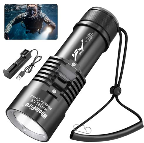 WholeFire Tauch-Taschenlampe, 8000 Lumen, IPX8, wasserdicht, Tauchlampe, 3 Modi Unterwasser-Taschenlampe, wiederaufladbar, Tauchausrüstung mit Akku und Ladegerät für Schwimmen