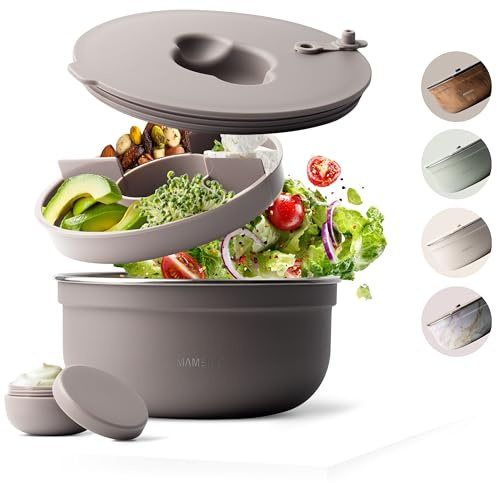 MAMEIDO Salatbox to go 1,5 l, Bowl Lunchbox Erwachsene aus Edelstahl, Bento Box BPA-frei mit Fächern & auslaufsicherem Dressingbehälter, Essensbox Meal Prep (Taupe Grey)