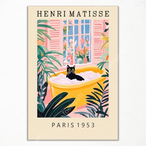 Poster vintage Henri Matisse, divertente poster per il bagno di gatto nero, stampa per il bagno di gatto, decorazione da parete in dopamina rosa e verde, immagine tropicale botanica 30 x 40 cm, senza
