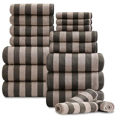 18 Pcs Brown Cabana Stripe Family Towels Set with Hanging Loop-6 Bath Sheets,6 Hand Towels,6 Washcloths Ultra Soft Bathroom Towel Highly Absorbent Quick Dry Shower Towel for Beach Chair,Spa,Gym,Hotel