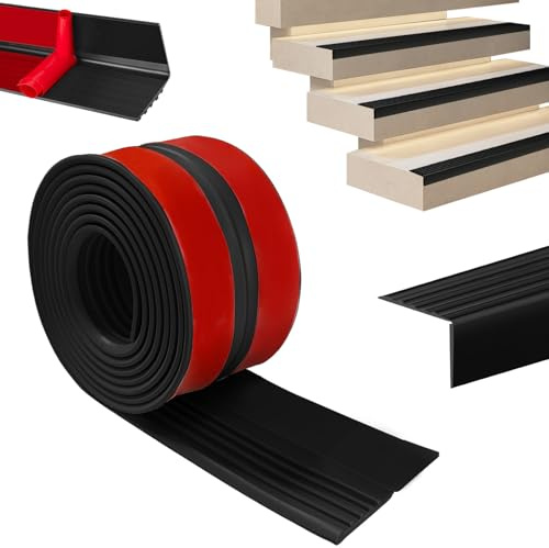 Perfil de borde de escalera autoadhesivo, 4 m, bordes de escaleras, perfil de transición, antideslizante, peldaños de goma flexible, para interiores y exteriores, color negro