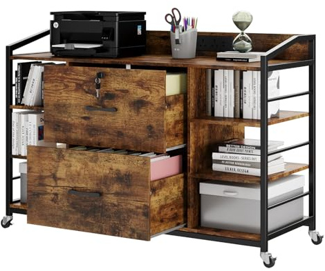 Warmiehomy Rustic Brown Mobile Filing Cabinet with 2 Office Drawers, Rolling File Cabinet on Wheels with Lock& Power Strip, 6 Storage Shelves Metal Document Storage for Home Office Furniture