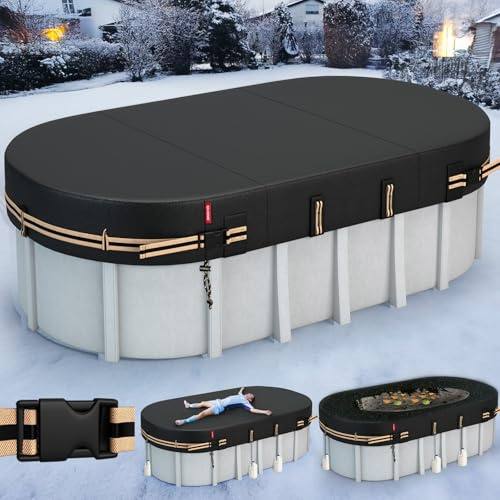 QH.HOME Winter Oval Pool Cover for 12x24 Ft Steel Wall Oval Pool, [Excellent Windproof ] with Adjustable Buckle Straps & Weight-Bearing Rings,Cold and UV Resistant
