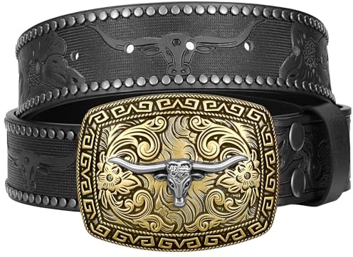 SUOSDEY Cowboy västerländsk bälte för män kvinnor, cowgirl, landsbygd, blommigt graverat läderbälten med långt horn tjurskalle spänne, 02-Svart, Fit waist 32-35