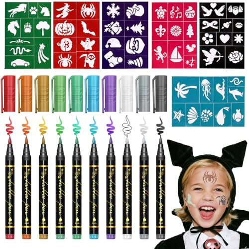KUKUPOW Penne Glitter Tatuaggi per Bambini(10 Pezzi), 6 Stencil Carini, Pennarelli Glitterati, Regalo Bambina 7 8 9 anni, Festa Giocare Disegnare Tatuaggi Bambini, per Halloween, Natale