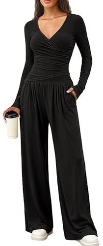 Sukiglam Tuta Donna Casual 2 Pezzi Completi Sportiva Maniche Lunghe Scollo a V Wrap Top e Pantaloni a Gamba Larga con Tasche Slim Fit Tute da Ginnastica Lounge Set per Jogging Yoga Fitness Autunno