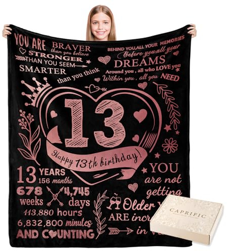 CAPRIFIC 13th Birthday Gifts for Girls,13 Year Old Gifts for Girls,Best Gift Ideas for 13 Year Old Girl, Teenage Girl Birthday Presents,13 Birthday Decorations Gifts, Flannel Blanket 150x130cm(Pink)