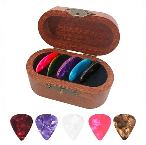FuYelng 12 stycken högkvalitativa plektrum med valnöt plektrum hållare | 0,46 mm/0,71 mm/0,96 mm plektrum gitarr gitarrplektrum låda retro plektrum, för ukulele akustisk gitarr gitarrtillbehör