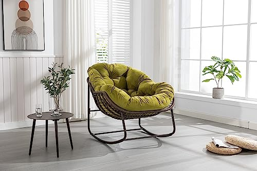 Zenithz Fauteuil à bascule XXL en rotin - Extra large (111 cm) - Avec coussin - Résistant aux intempéries - Pour jardin, terrasse et balcon - Cadre en acier - Vert
