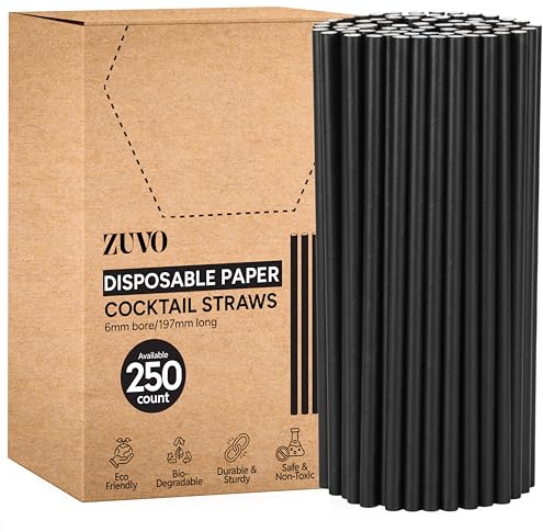 Zuvo Black Paper Straws 250 Pack (197mm) - Disposable Drinking Straws for Cocktails, Parties & Catering | Biodegradable Eco-Friendly Paper Drinking Straws for Home, Bars, Cafés & Crafts