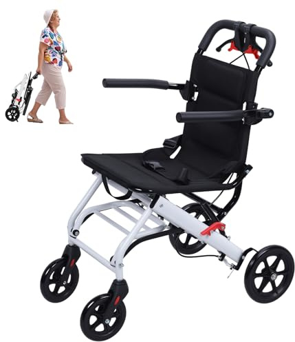 Folding Transport Travel Transit Lightweight Wheelchair for Adults Seniors,Escape Folding Wheelchairs,Compact Wheel Chair with Adjustable Footrests,Attendant Propelled,Padded Seat, Weight 8.2KG White