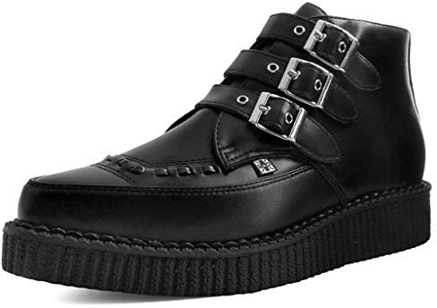 T.U.K. Black TUKskin 3-Buckle Pointed Creeper Boots for Men & Women, Low Platform Boot, Gothic Punk Retro Alternative Fashion Footwear, US 13 Women/11 Men