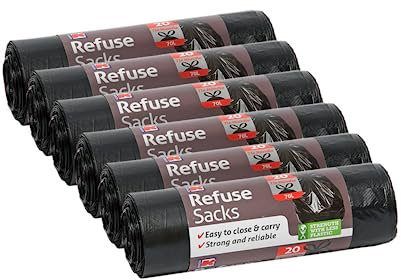 Kordis Heavy Duty Tie Handle Refuse Sacks - 6 x 20 Bags. 70L Strong, Plastic Black Bin Bags For Kitchen & Garden Bins. 120 Unscented Garbage Bags - 73.5 x 105cm