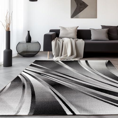 SIMPEX Tappeto Runner 80x150 cm Nero, Design Moderno Astratto a Onde, Pelo Corto per Soggiorno, Camera, Sala da Pranzo, Cucina o Corridoio, Lavabile e Morbido