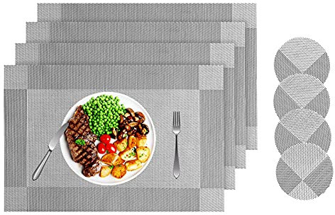 Miorkly Placemats and Coasters Sets of 4 Silver Grey Christmas Table Mats Resistant Washable PVC Table Place Mats and Coaster Sets for Home Restaurant…