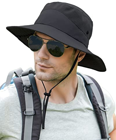 Koreshion Mens Sun Hat Wide Brim Breathable Mesh UPF 50+ Bucket Hat Waterproof Fishing Hat Quick-Drying Safari Hat Foldable Boonie Cap Outdoor Sun Protection Cap Black