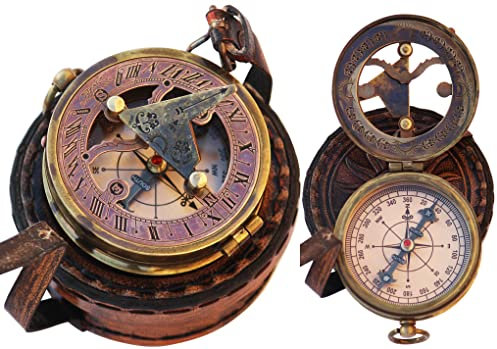TUBAZ Sonnenuhr-Kompass aus Messing, schönes Geschenk mit Lederetui – Sonnenuhr – Steampunk-Accessoire – nautisches Geschenk – Hochzeitsgeschenke für Ihn – Sonnenuhruhr