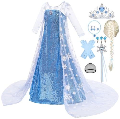 Tyidalin Déguisement Reine des Neiges Robe pour Enfant Fille Costume de Princesse Bleu Carnaval Halloween Cosplay Anniversaire Fête