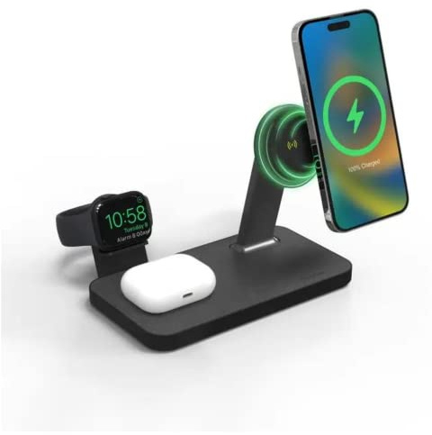 ZAGG mophie Snap+ 3-in-1 Wireless Charger with Europe Adapter, Qi-Enabled Devices, Fast Charging, Up to 15W, Black