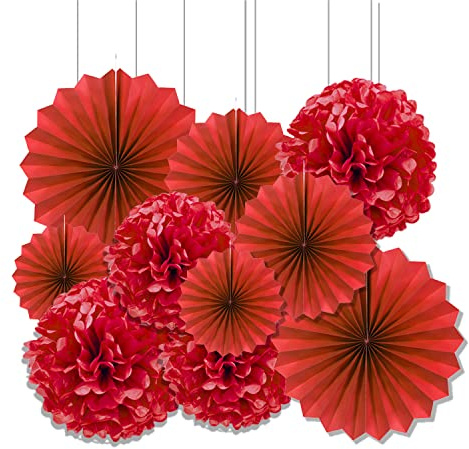 Vsosfiza Red Hanging Paper Fan and Tissue Paper Pom poms(10 Pieces)