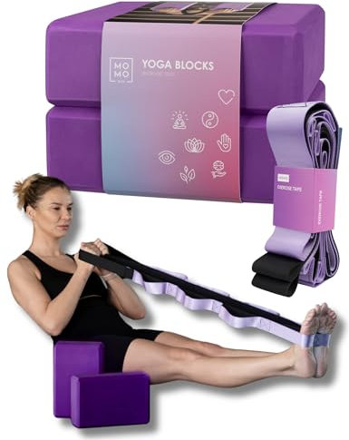 MOMO WAY Yoga Block mit Joga Gurt 210cm Blöcke Eva Schaum Fitness Zubehör für Pilates Dehnungen Rücken Training Yogaband Yogaklötze Für Anfänger Und Fortgeschritten Blocks + Exercise Tape 3 Stück