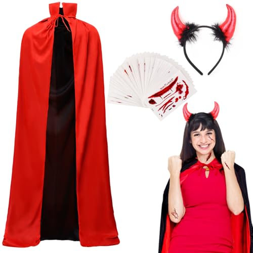 ROSAUI Halloween Umhang Set für Damen, Halloween Teufel kostüm herren mit Hörner Haarreif und Narbe Tattoo Aufkleber, Schwarzer und Roter Umhang für Halloween Party
