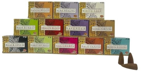 Deepika Räucherkegel, hochwertig, sortiert, 12 Packungen x 10 Kegel, ideal für Meditation, Yoga, Aromatherapie, Entspannung, 12 Packungen