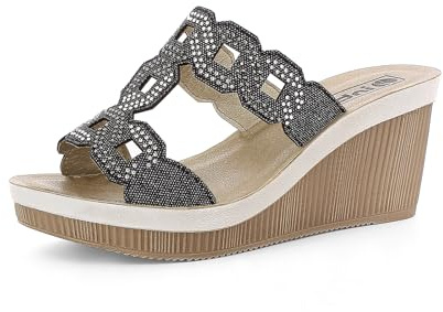 Zeppe Donna in Ecopelle con Plantare Imbottito, Quadrati e Strass, Nero, 39