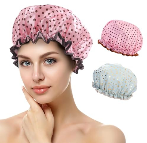 Cuffia Doccia Donna, Cuffia da Doccia Riutilizzabile Impermeabile, Elastica Grande Shower Caps, Cuffia Capelli Doccia, Doppio Strato con Elastici, per Doccia Donna Salon Spa Bagno Uso Domestico (F)