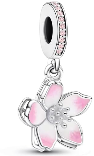 J.Fée 1 Pezzo Charms per Bracciali Ciondoli per Collane in 925 Argento Sterling, Ciondoli a Braccialetti, Adatto a Braccialetti e Collane, Ciondolo Forma di Fiore di Ciliegio Rosa, Regalo Donna
