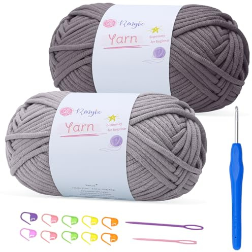 100gx2 Chunky Cotton Crochet Yarn with 4mm Hook, Soft Non-Split Thick Yarn for Amigurumi DIY Gifts, Home Decor, Beginner Projects (Charcoal Grey+Silver Grey)