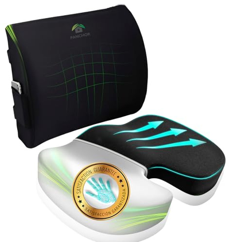 PANCHOR® Super Cojin Silla Oficina | Cojin Coxis Y Cojin Lumbar de Espuma con Memoria | con SUPERPROTECCIÓN para Cadera, Coxis, Hueso Sacro | ULTRACONFORT para Asiento de Coche, Silla de Oficina