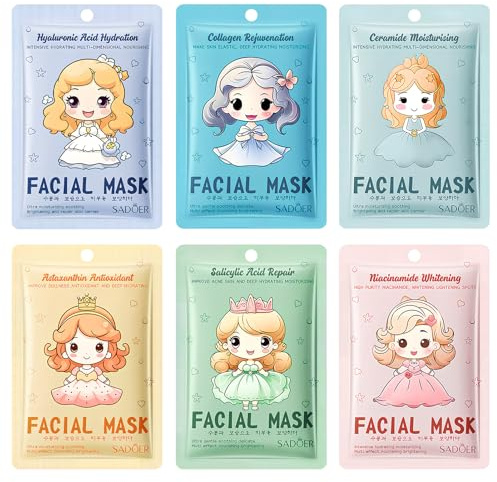 6 Piezas Mascarillas Faciales Hidratantes de Tela - Con Diseño de Princesa de Dibujos Animados - Regalo para Chicas y Mujeres - Cuidado de la Piel Diario