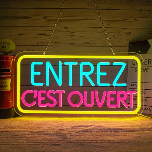 Flixyticy Enseigne Lumineuse Néon ENTREZ C'EST OUVERT, Plaque de Porte LED avec Interrupteur à Intensité Variable Pour les Portes et Fenêtres en Verre des Magasins (ENTREZ C'EST OUVERT)