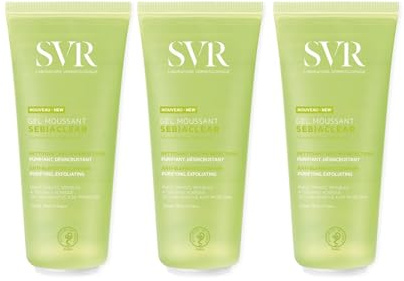 Sebiaclear Gel Moussant – Nettoyant Visage & Corps Peaux Mixtes à Grasses – Désincruste les Pores, Purifie, Matifie – Sans Savon – Peaux Sensibles à Tendance Acnéique – Lot de 3x200 ml